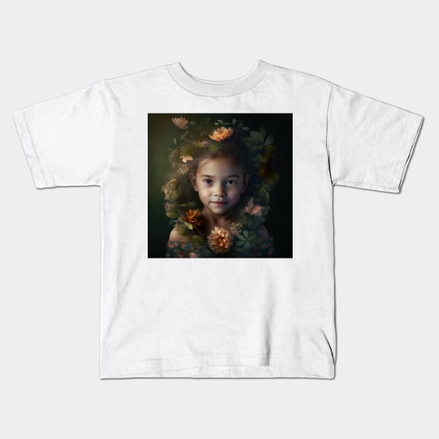 A Young Child Wearing A Wreath of Flowers Kids T-Shirt by daniel4510